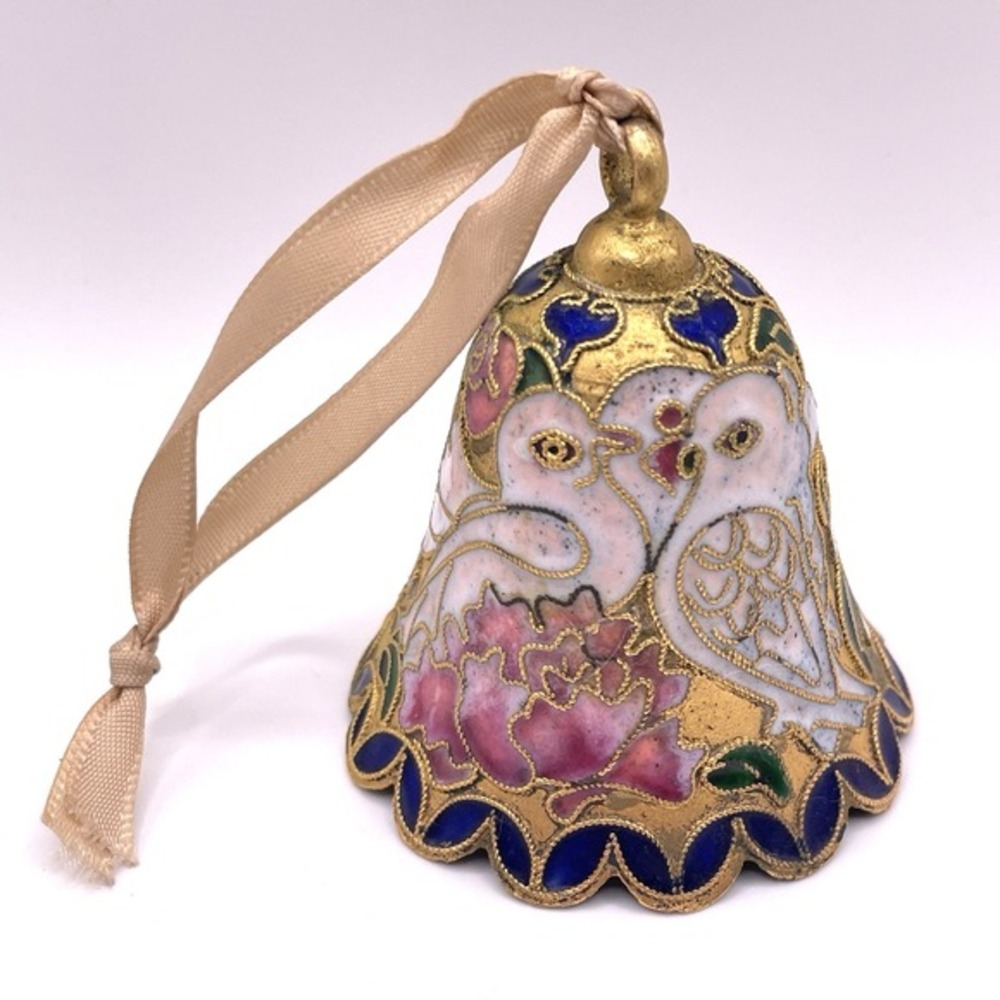 Vintage Cloisonne Brass Enamel Bell Doves Floral Flowers Ornament 2.75"